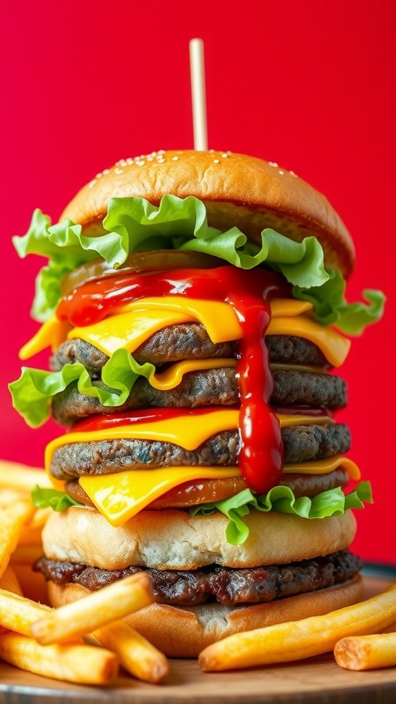 Close-up of a Jollibee-inspired burger with beef patty, cheese, lettuce, and sauces on a toasted bun, served with fries.